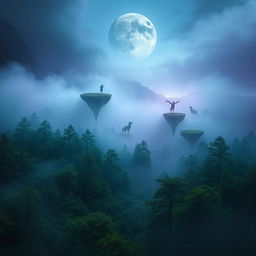 A mysterious landscape with a surrealistic twist; a foggy forest with surreal elements like floating islands, a large moon in the sky, and ethereal creatures roaming around