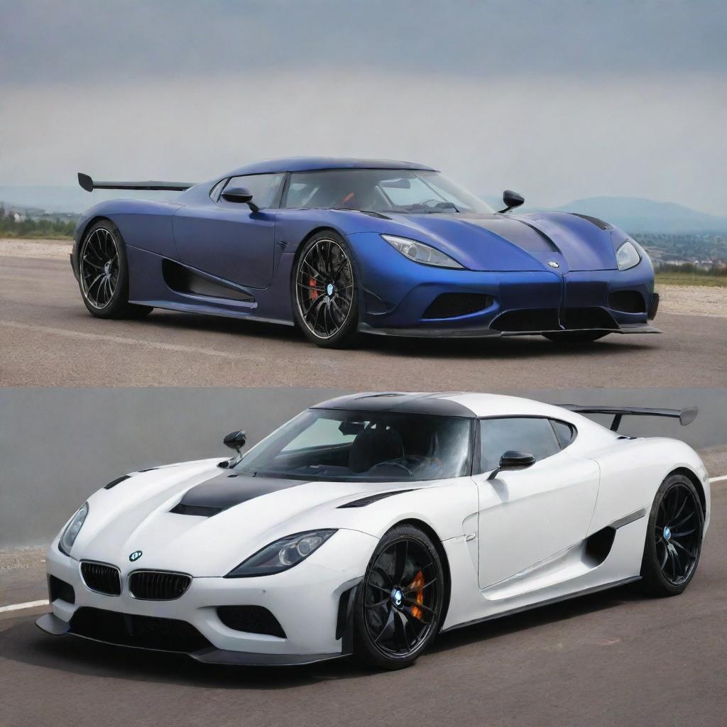 A high-performance car combining the intricate design and high speed characteristics of a Koenigsegg with the precise engineering and timeless elegance of a BMW.