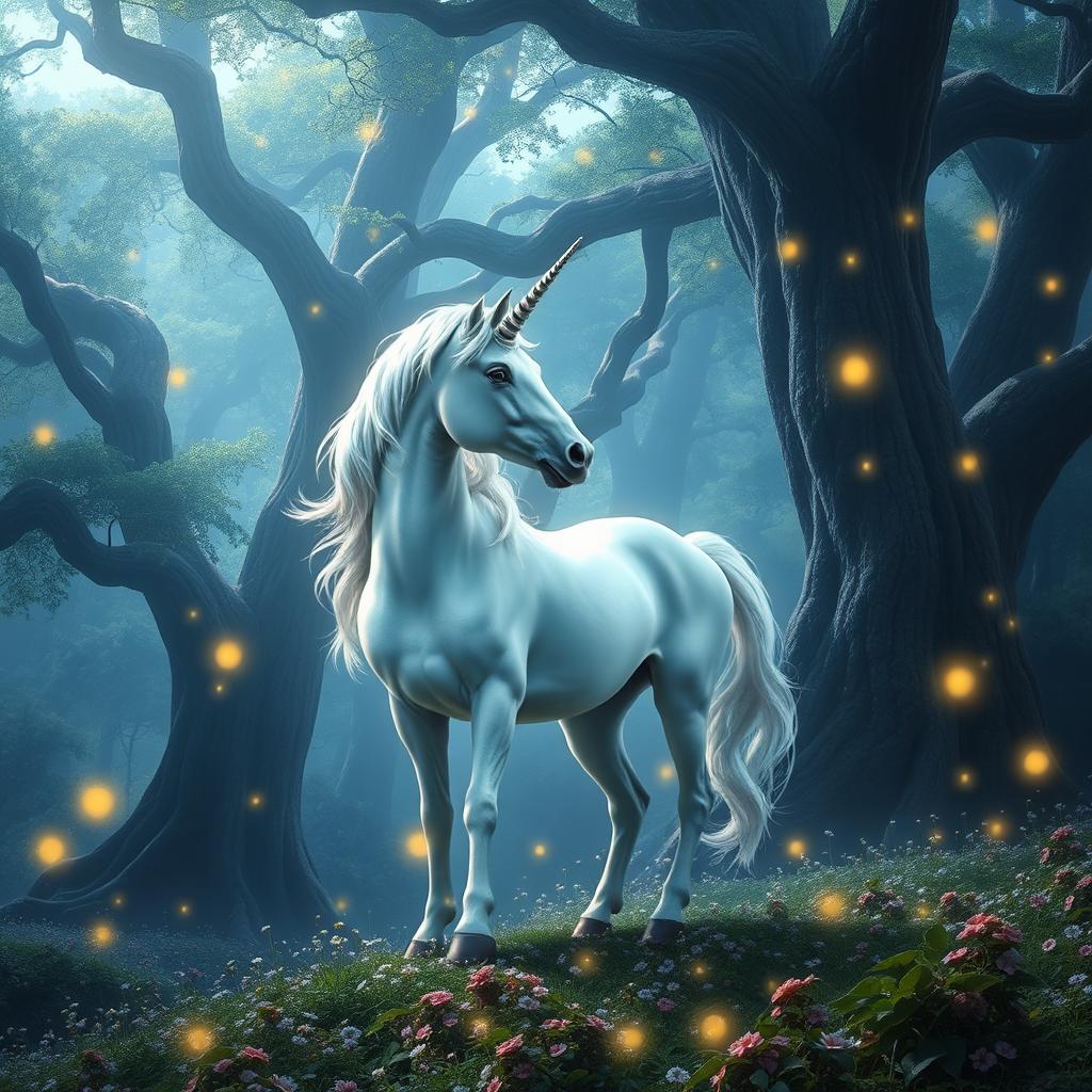 a majestic unicorn standing in a mystical forest, surrounded by glimmering fireflies and a soft, enchanting glow