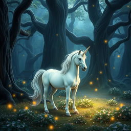 a majestic unicorn standing in a mystical forest, surrounded by glimmering fireflies and a soft, enchanting glow