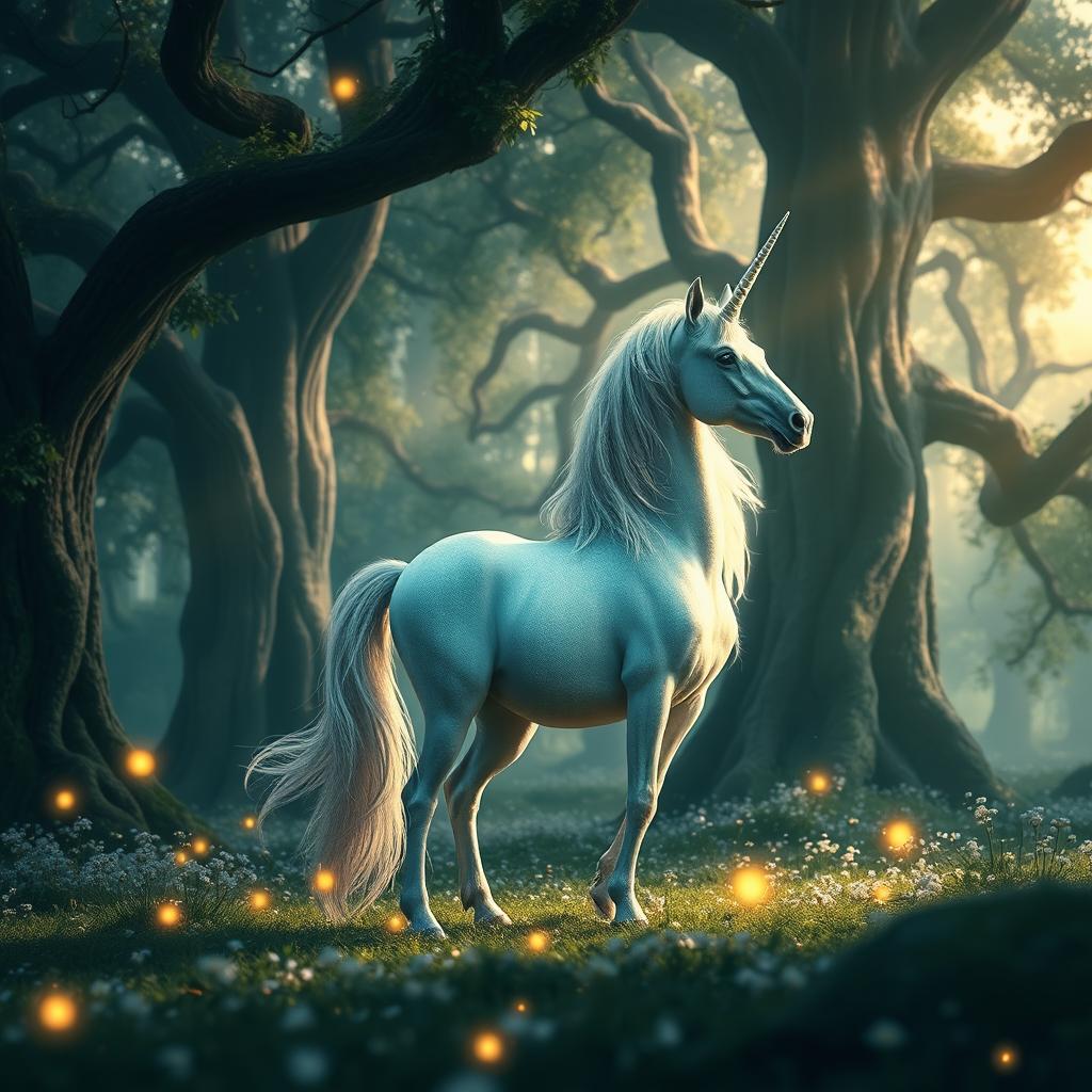 a majestic unicorn standing in a mystical forest, surrounded by glimmering fireflies and a soft, enchanting glow