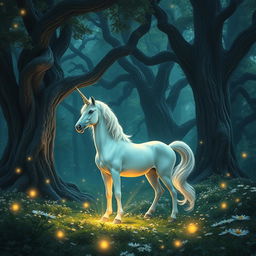 a majestic unicorn standing in a mystical forest, surrounded by glimmering fireflies and a soft, enchanting glow