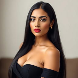 A portrait of a woman with South Asian features, displaying long black hair and dressed in an elegant, modern outfit