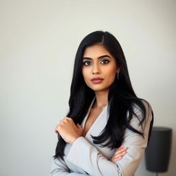 A portrait of a woman with South Asian features, displaying long black hair and dressed in an elegant, modern outfit