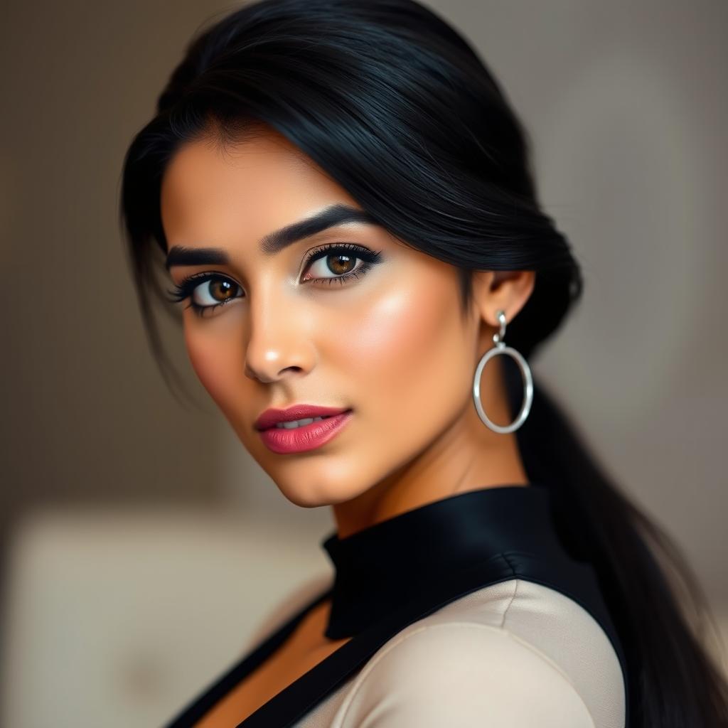 A portrait of a woman with South Asian features, displaying long black hair and dressed in an elegant, modern outfit