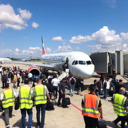 A busy airport tarmac with a large commercial airplane parked and passengers filing into the aircraft