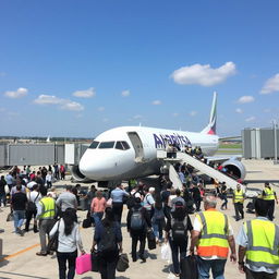 A busy airport tarmac with a large commercial airplane parked and passengers filing into the aircraft