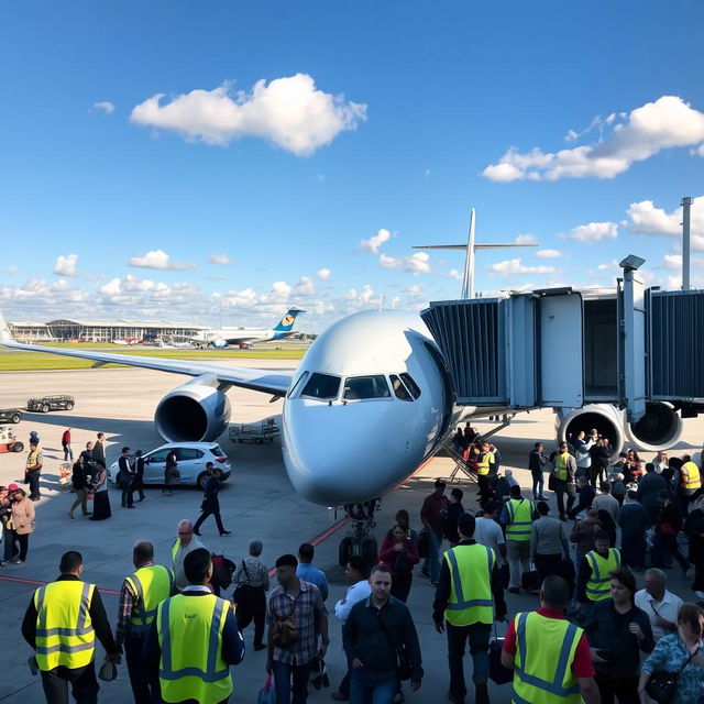 A busy airport tarmac with a large commercial airplane parked and passengers filing into the aircraft