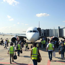 A busy airport tarmac with a large commercial airplane parked and passengers filing into the aircraft