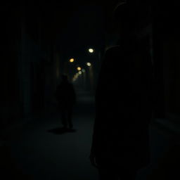 A mysterious and atmospheric scene capturing a girl walking alone on a dimly lit street at night, viewed from the back side