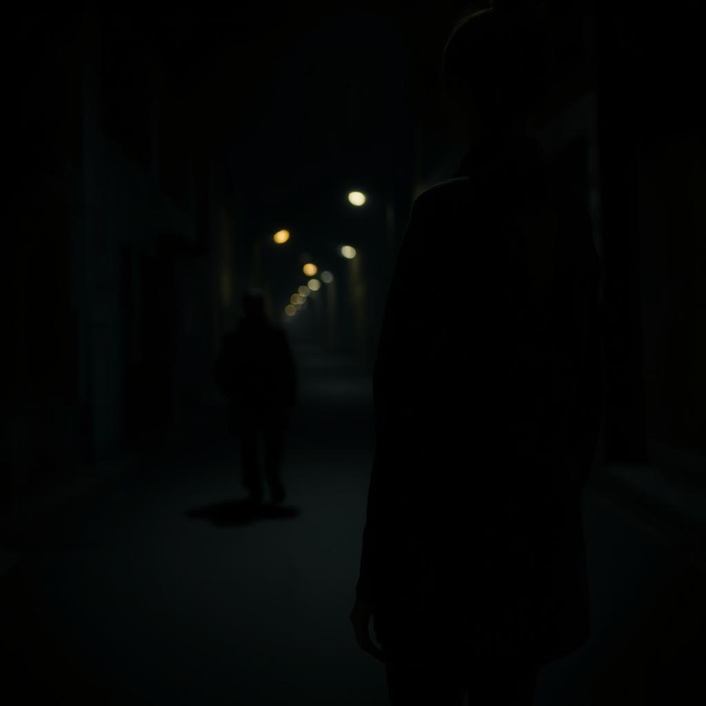 A mysterious and atmospheric scene capturing a girl walking alone on a dimly lit street at night, viewed from the back side