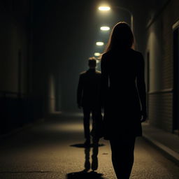 A mysterious and atmospheric scene capturing a girl walking alone on a dimly lit street at night, viewed from the back side