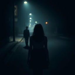 A mysterious and atmospheric scene capturing a girl walking alone on a dimly lit street at night, viewed from the back side