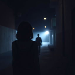 A mysterious and atmospheric scene of a girl walking alone on a dimly lit street at night, shown from the back side