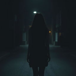 A mysterious and atmospheric scene of a girl walking alone on a dimly lit street at night, shown from the back side