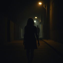 A mysterious and atmospheric scene of a girl walking alone on a dimly lit street at night, shown from the back side