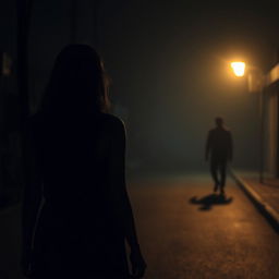 A mysterious and atmospheric scene of a girl walking alone on a dimly lit street at night, shown from the back side