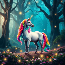 a vibrant, colorful unicorn standing in a mystical forest, its mane and tail a spectrum of vivid colors like a rainbow, shimmering with magical energy