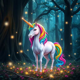 a vibrant, colorful unicorn standing in a mystical forest, its mane and tail a spectrum of vivid colors like a rainbow, shimmering with magical energy