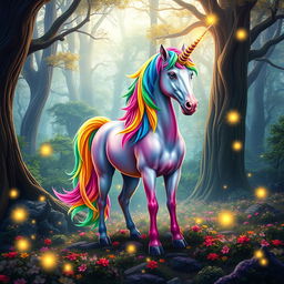 a vibrant, colorful unicorn standing in a mystical forest, its mane and tail a spectrum of vivid colors like a rainbow, shimmering with magical energy