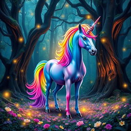 a vibrant, colorful unicorn standing in a mystical forest, its mane and tail a spectrum of vivid colors like a rainbow, shimmering with magical energy