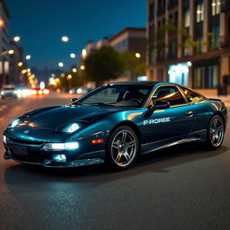 A Ford Probe MK3, sleek and modern design with aerodynamic curves and bold headlights, parked in an urban street setting