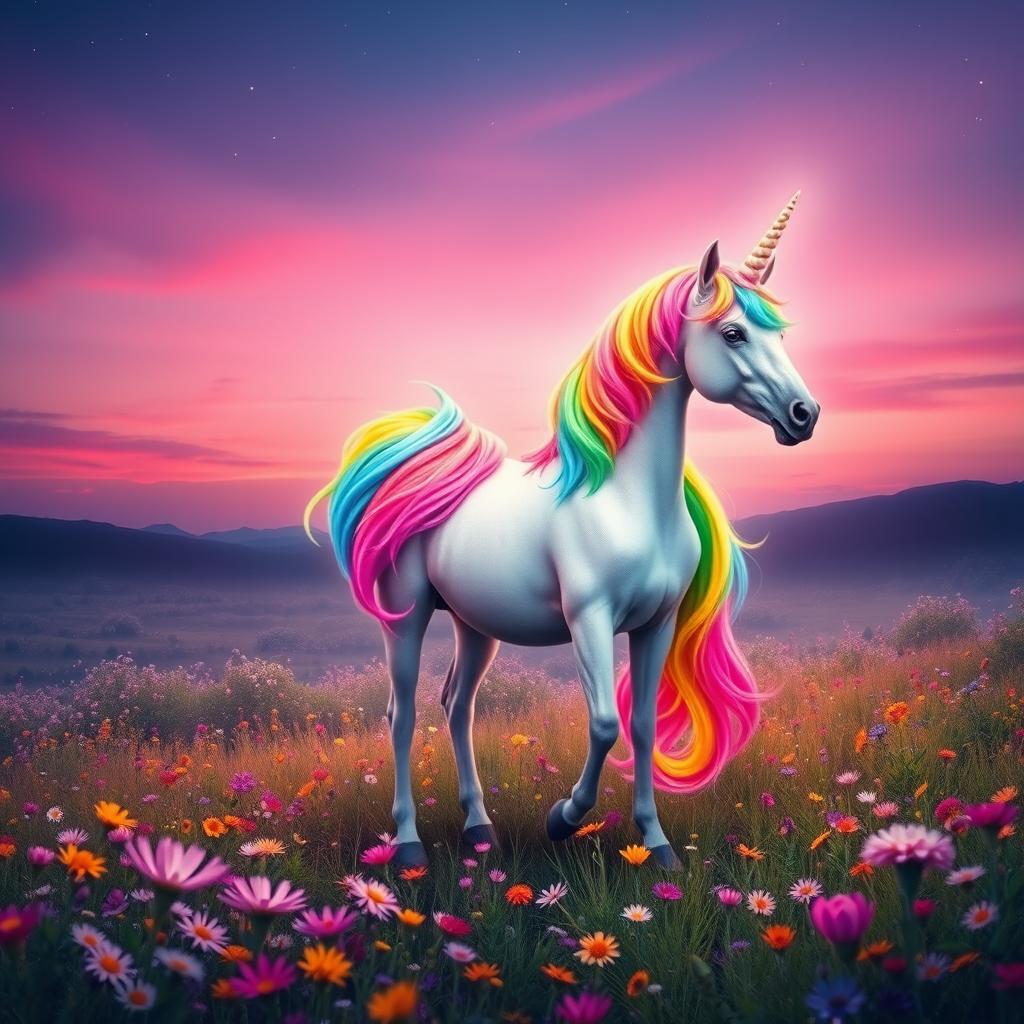 a vibrant, colorful unicorn standing in a mystical meadow, its mane and tail a dazzling array of vivid rainbow colors, emanating a magical aura