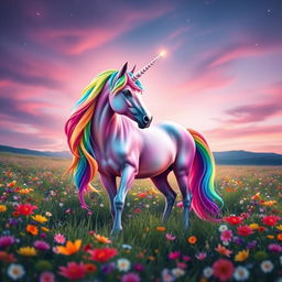 a vibrant, colorful unicorn standing in a mystical meadow, its mane and tail a dazzling array of vivid rainbow colors, emanating a magical aura