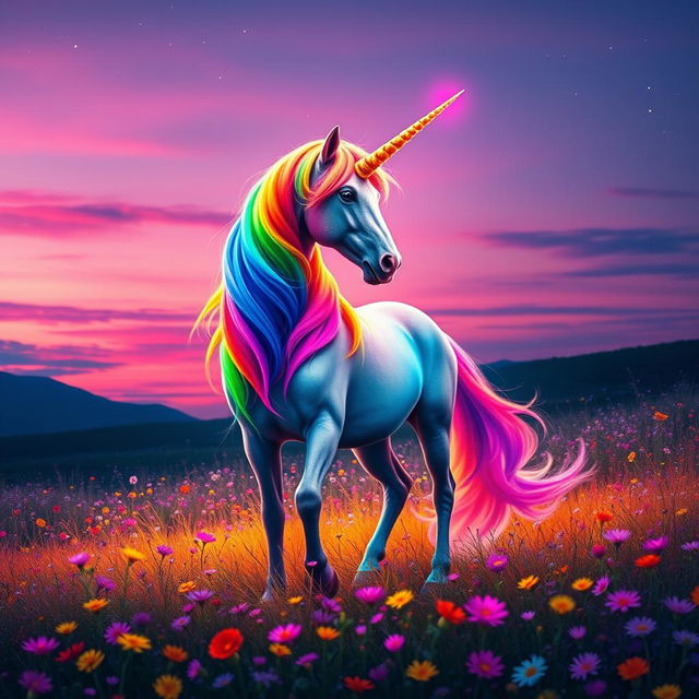 a vibrant, colorful unicorn standing in a mystical meadow, its mane and tail a dazzling array of vivid rainbow colors, emanating a magical aura