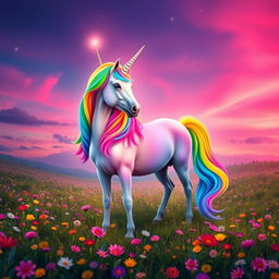 a vibrant, colorful unicorn standing in a mystical meadow, its mane and tail a dazzling array of vivid rainbow colors, emanating a magical aura