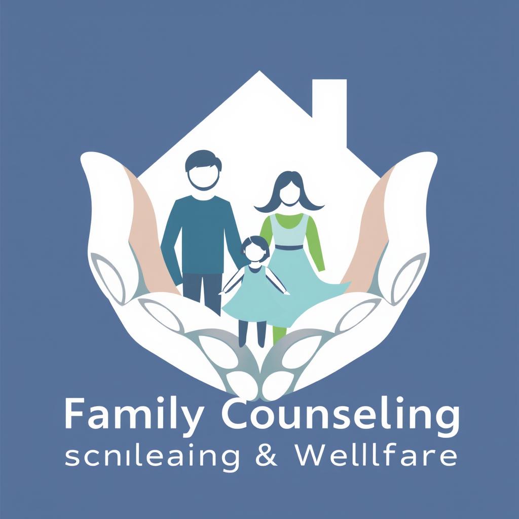 An emblematic representation of family counselling and welfare, incorporating key elements of hands, a family, and a home