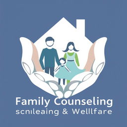 An emblematic representation of family counselling and welfare, incorporating key elements of hands, a family, and a home