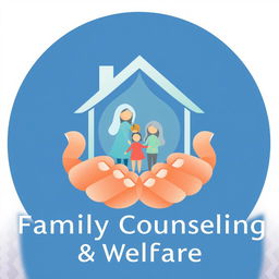 An emblematic representation of family counselling and welfare, incorporating key elements of hands, a family, and a home