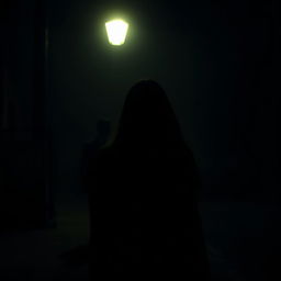 A tense and atmospheric scene depicting a man following a woman on a dimly lit street at night