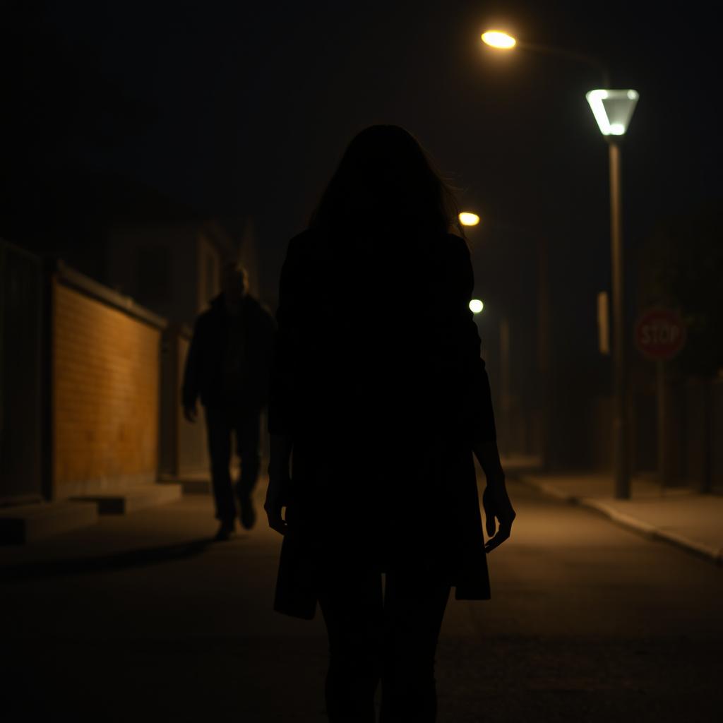 A tense and atmospheric scene depicting a man following a woman on a dimly lit street at night