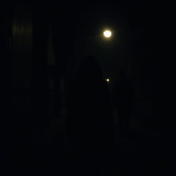 A tense and atmospheric scene depicting a man following a woman on a dimly lit street at night