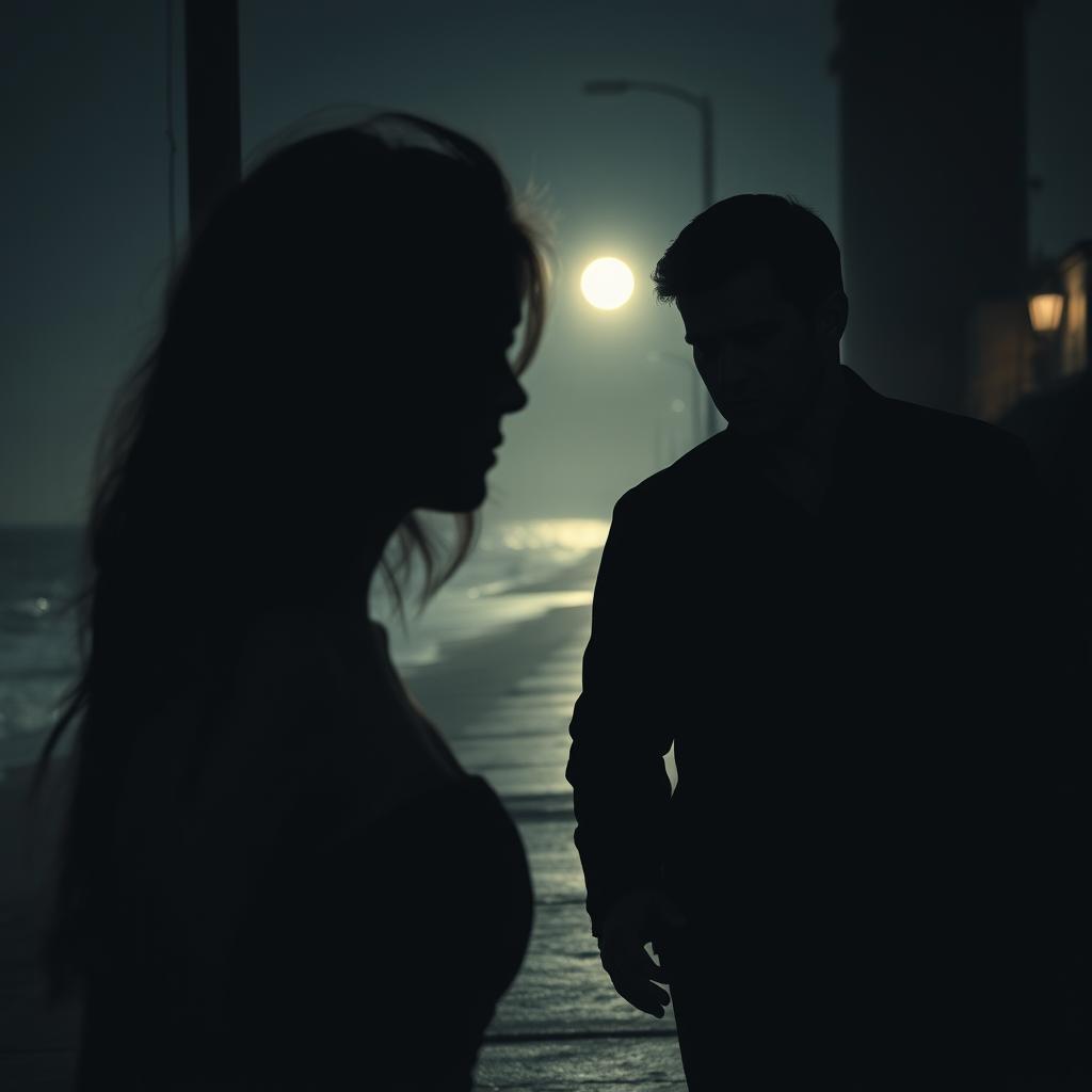 A suspenseful scene depicting a man following a woman through dimly lit streets, with their journey ending at a moonlit beach