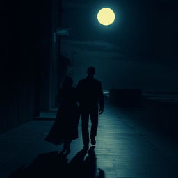 A suspenseful scene depicting a man following a woman through dimly lit streets, with their journey ending at a moonlit beach