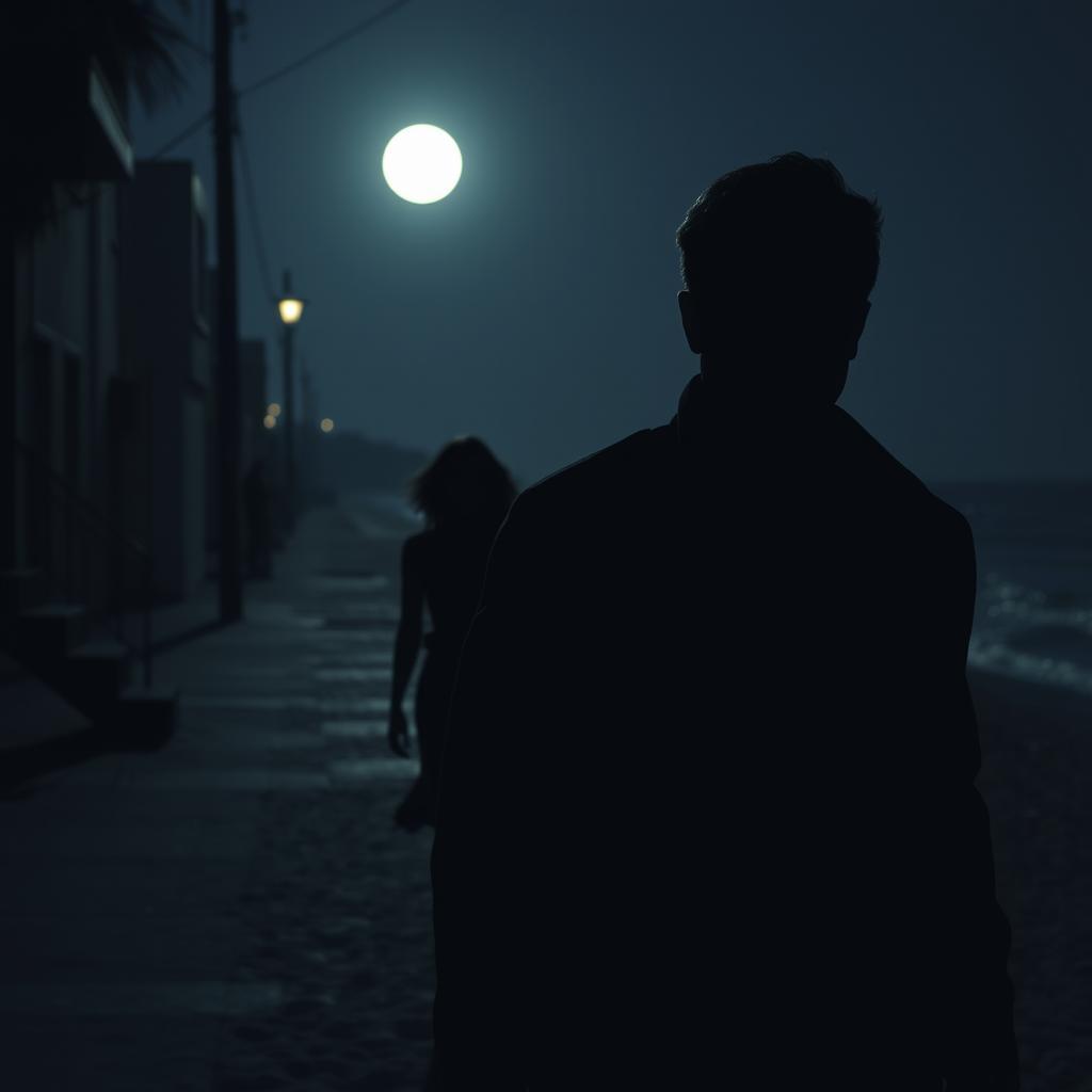 A suspenseful scene depicting a man following a woman through dimly lit streets, with their journey ending at a moonlit beach