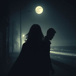 A suspenseful scene depicting a man following a woman through dimly lit streets, with their journey ending at a moonlit beach