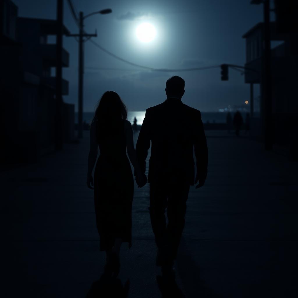 A captivating scene showing the silhouettes of a man following a woman through dimly lit streets, captured from a back-side angle