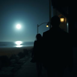 A captivating scene showing the silhouettes of a man following a woman through dimly lit streets, captured from a back-side angle