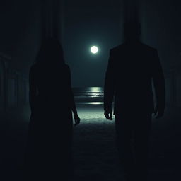 A captivating scene showing the silhouettes of a man following a woman through dimly lit streets, captured from a back-side angle