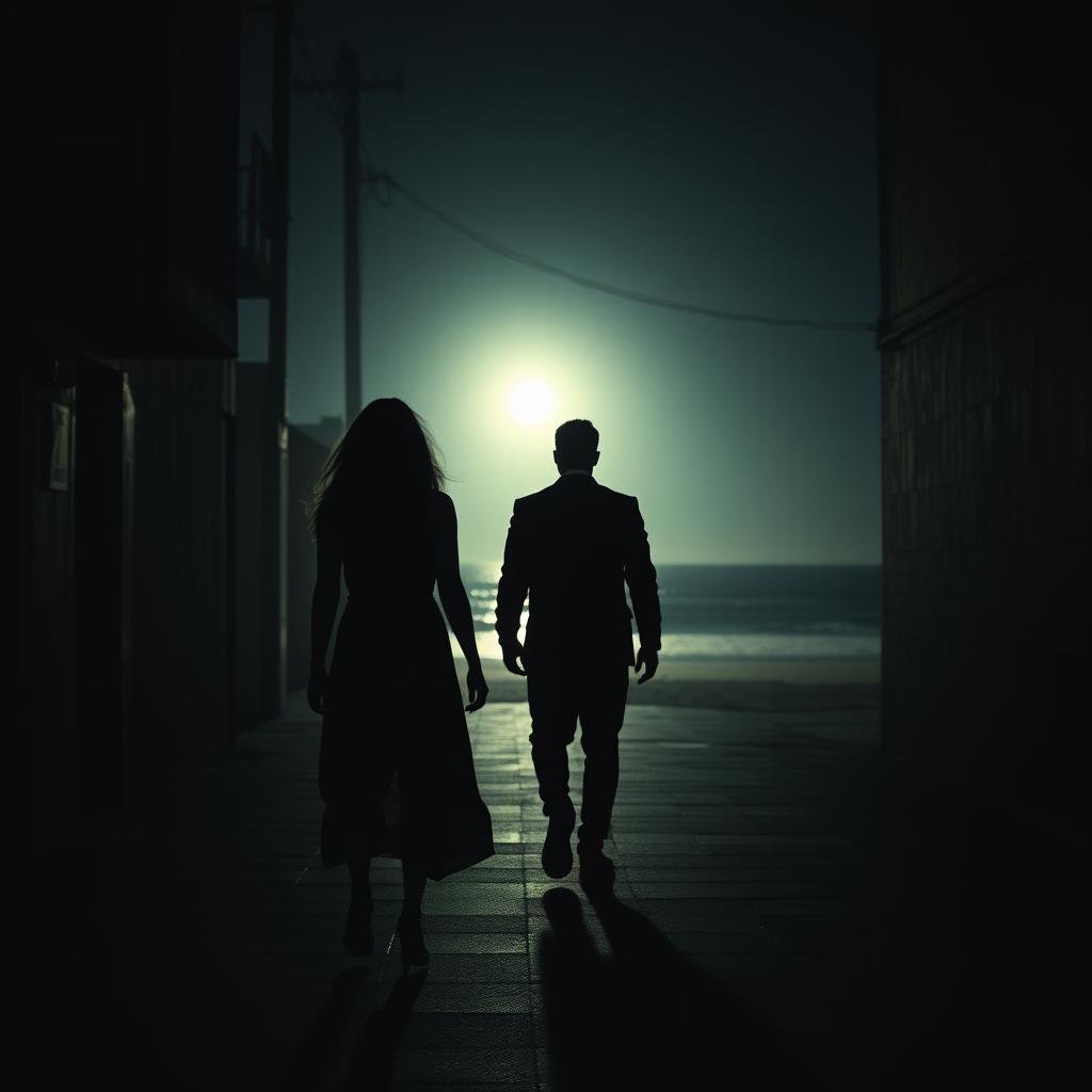 A captivating scene showing the silhouettes of a man following a woman through dimly lit streets, captured from a back-side angle