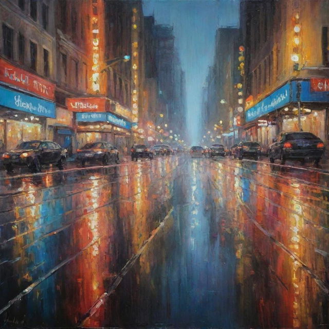 Impressionistic oil painting of a blurry city, brightness of countless lights smeared in wet asphalt under rain, mirroring a colorful night city scene.