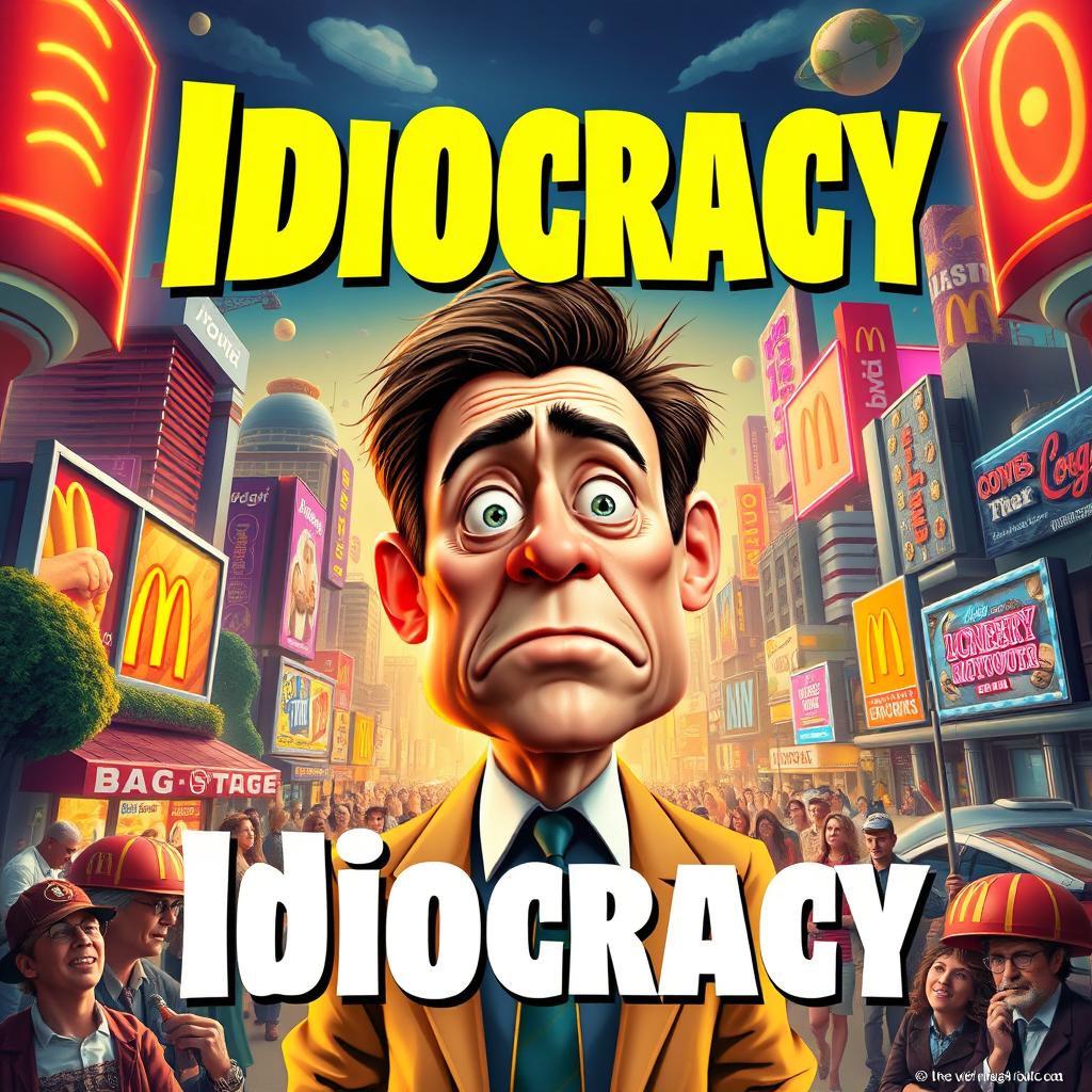 A vibrant and eye-catching movie night poster for "Idiocracy" featuring elements from the movie such as a comedic futuristic dystopia with exaggerated commercialism, overgrown landscapes, and humorous depictions of a society with low intelligence