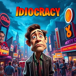 A vibrant and eye-catching movie night poster for "Idiocracy" featuring elements from the movie such as a comedic futuristic dystopia with exaggerated commercialism, overgrown landscapes, and humorous depictions of a society with low intelligence