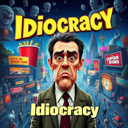 A vibrant and eye-catching movie night poster for "Idiocracy" featuring elements from the movie such as a comedic futuristic dystopia with exaggerated commercialism, overgrown landscapes, and humorous depictions of a society with low intelligence