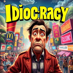 A vibrant and eye-catching movie night poster for "Idiocracy" featuring elements from the movie such as a comedic futuristic dystopia with exaggerated commercialism, overgrown landscapes, and humorous depictions of a society with low intelligence