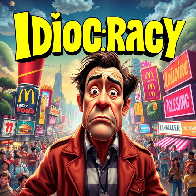 A vibrant and eye-catching movie night poster for "Idiocracy" featuring elements from the movie such as a comedic futuristic dystopia with exaggerated commercialism, overgrown landscapes, and humorous depictions of a society with low intelligence